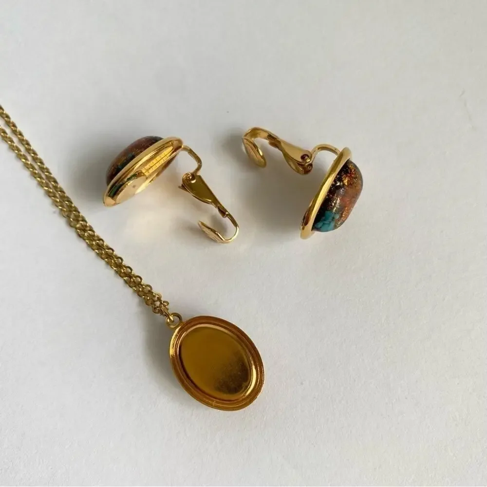 Vintage 60s Dragons Breath Necklace Earrings‎ Set Gold Tone Clip On Estate Piece